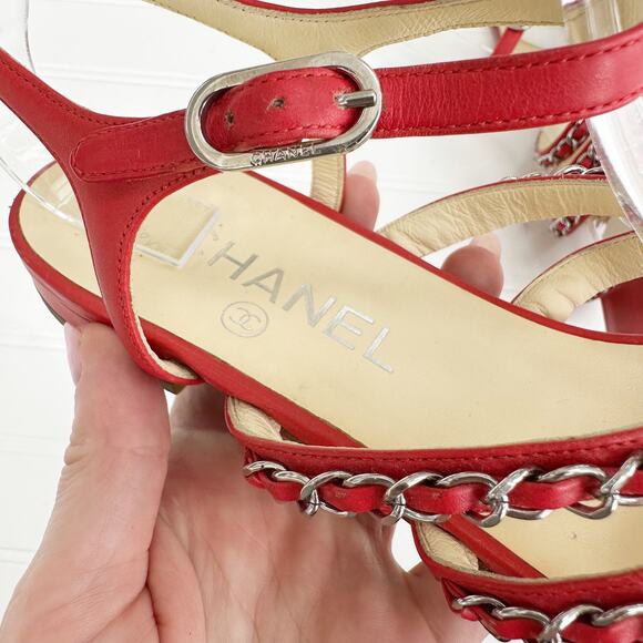 Chanel Red Leather CC Chain Sandals Four Strap Ankle Gladiator 38 - Picture 4 of 14